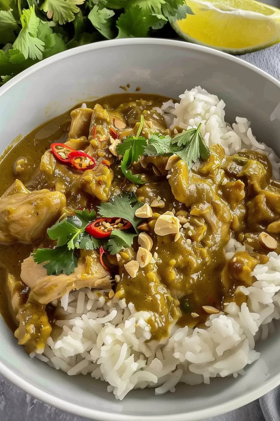 A comforting bowl of chicken satay curry with a smooth sauce, fresh cilantro, and sliced chilies, paired with steamed rice.