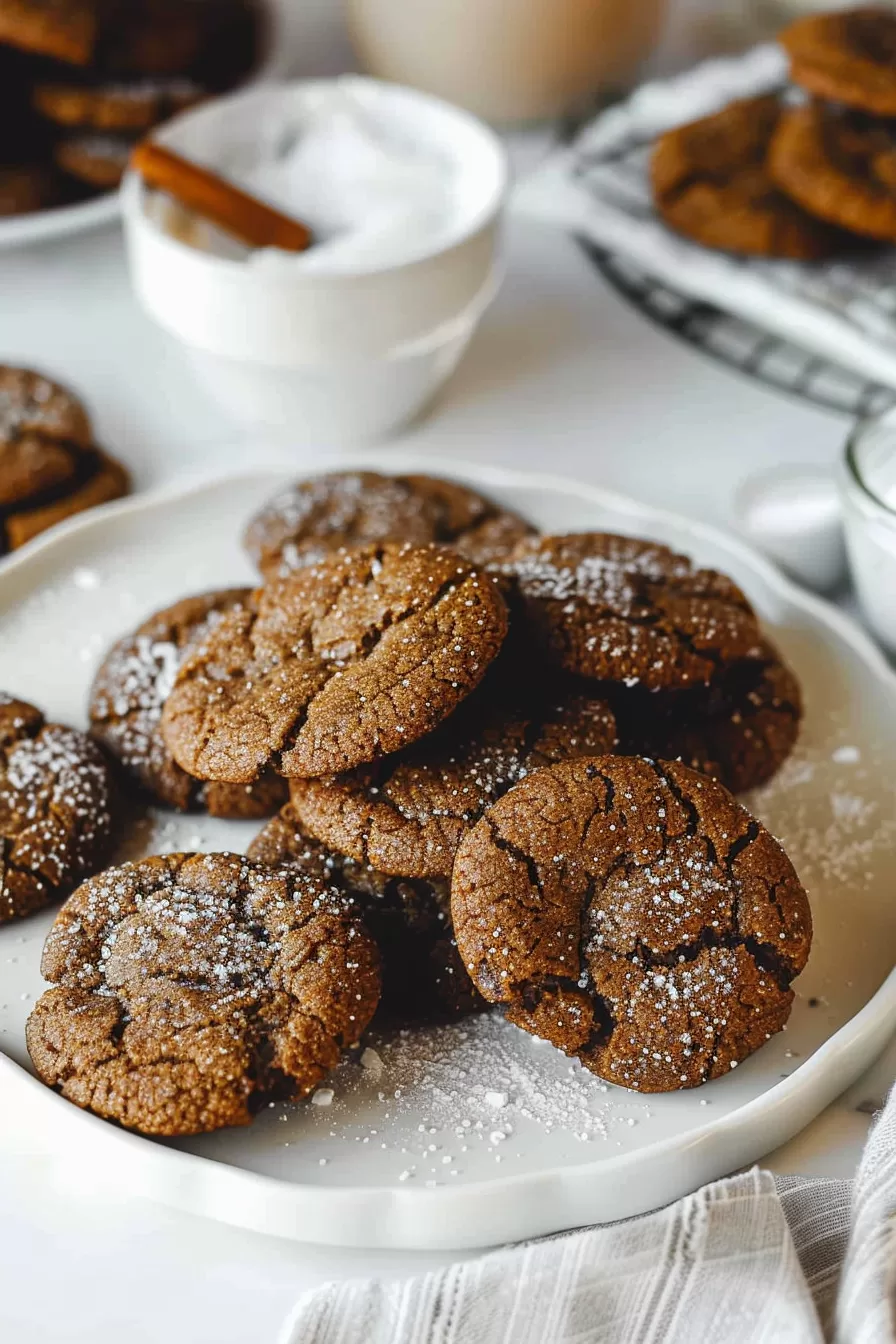 A stack of molasses cookies on a festive platter, highlighting their rich texture and sugary sparkle.