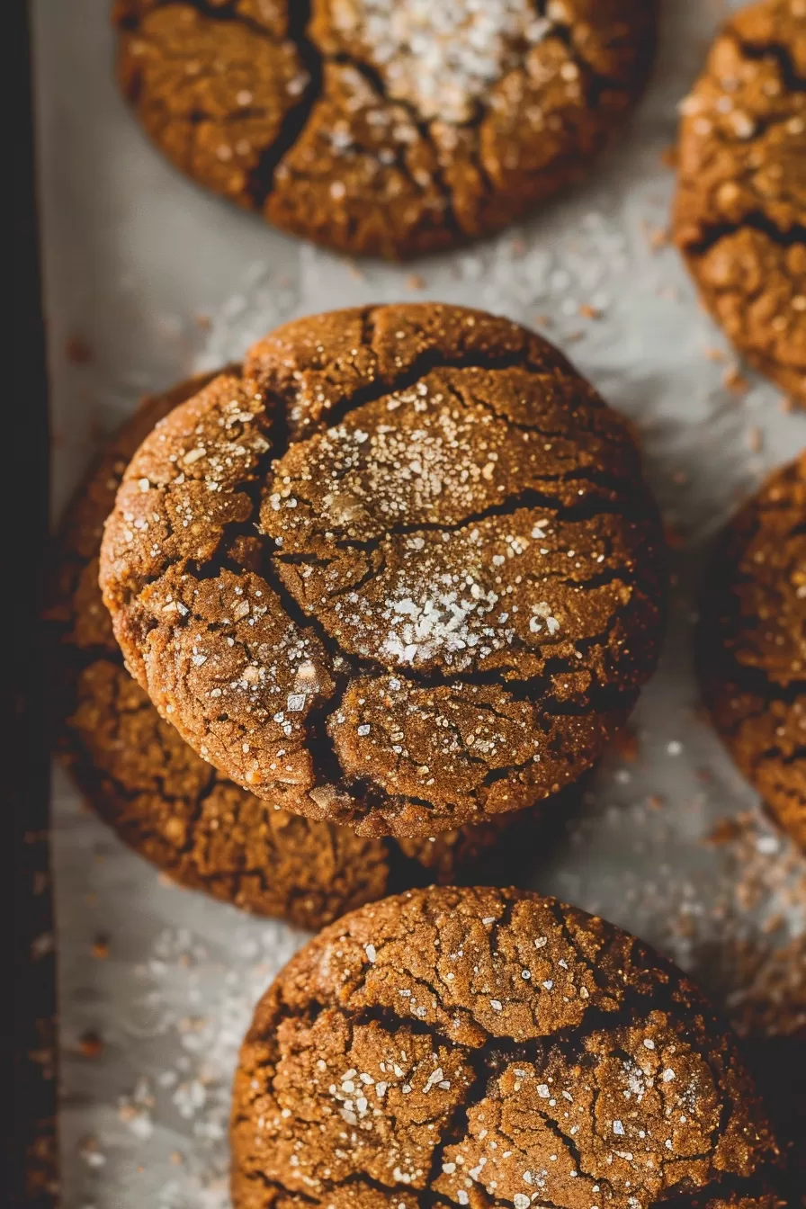 Freshly baked molasses cookies with a golden-brown crackled surface, displayed on parchment paper.