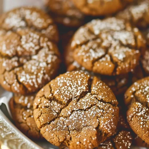 Close-up of a plate filled with soft, crinkled molasses cookies dusted with powdered sugar, ready to be served.