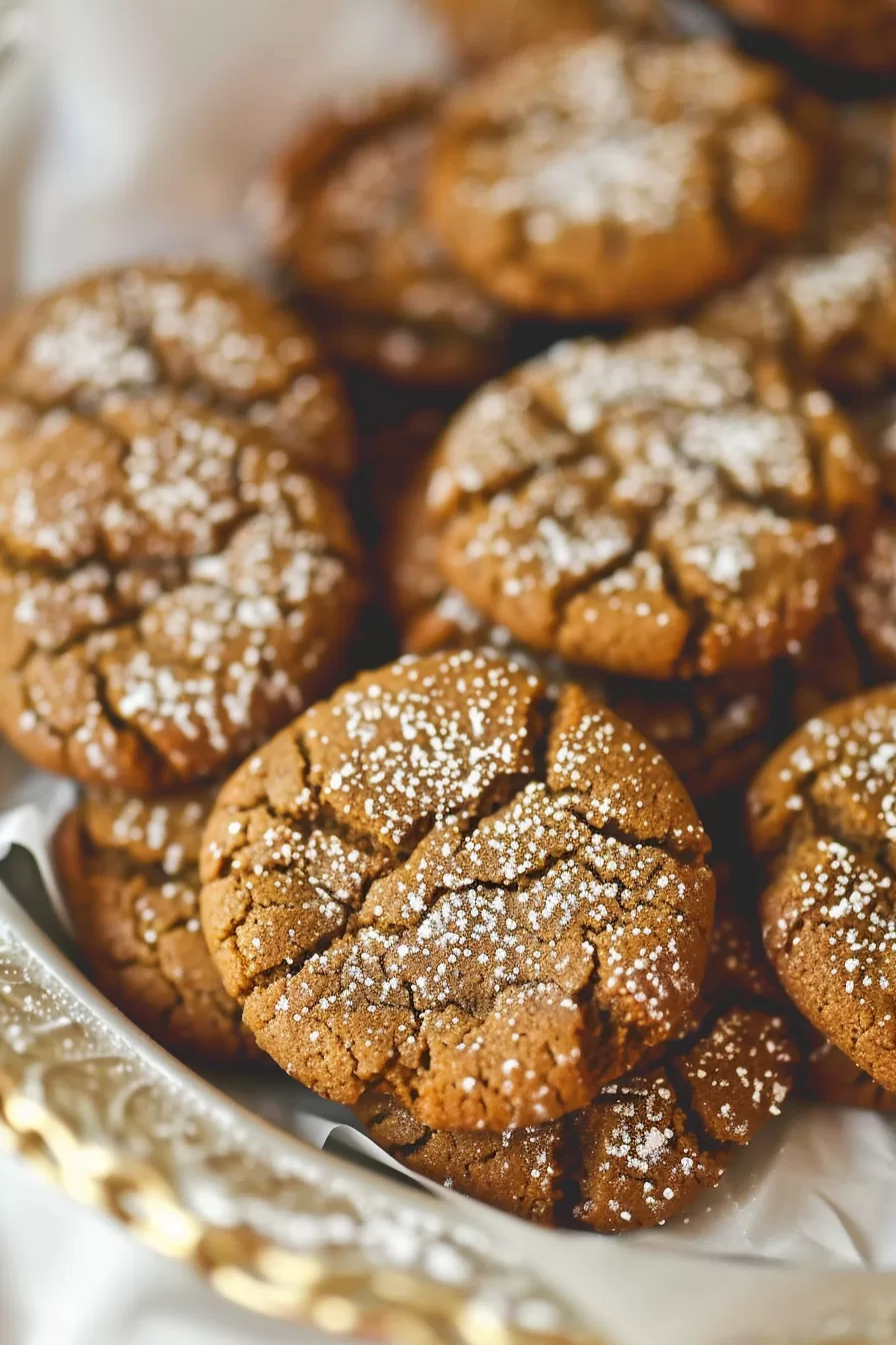 Close-up of a plate filled with soft, crinkled molasses cookies dusted with powdered sugar, ready to be served.