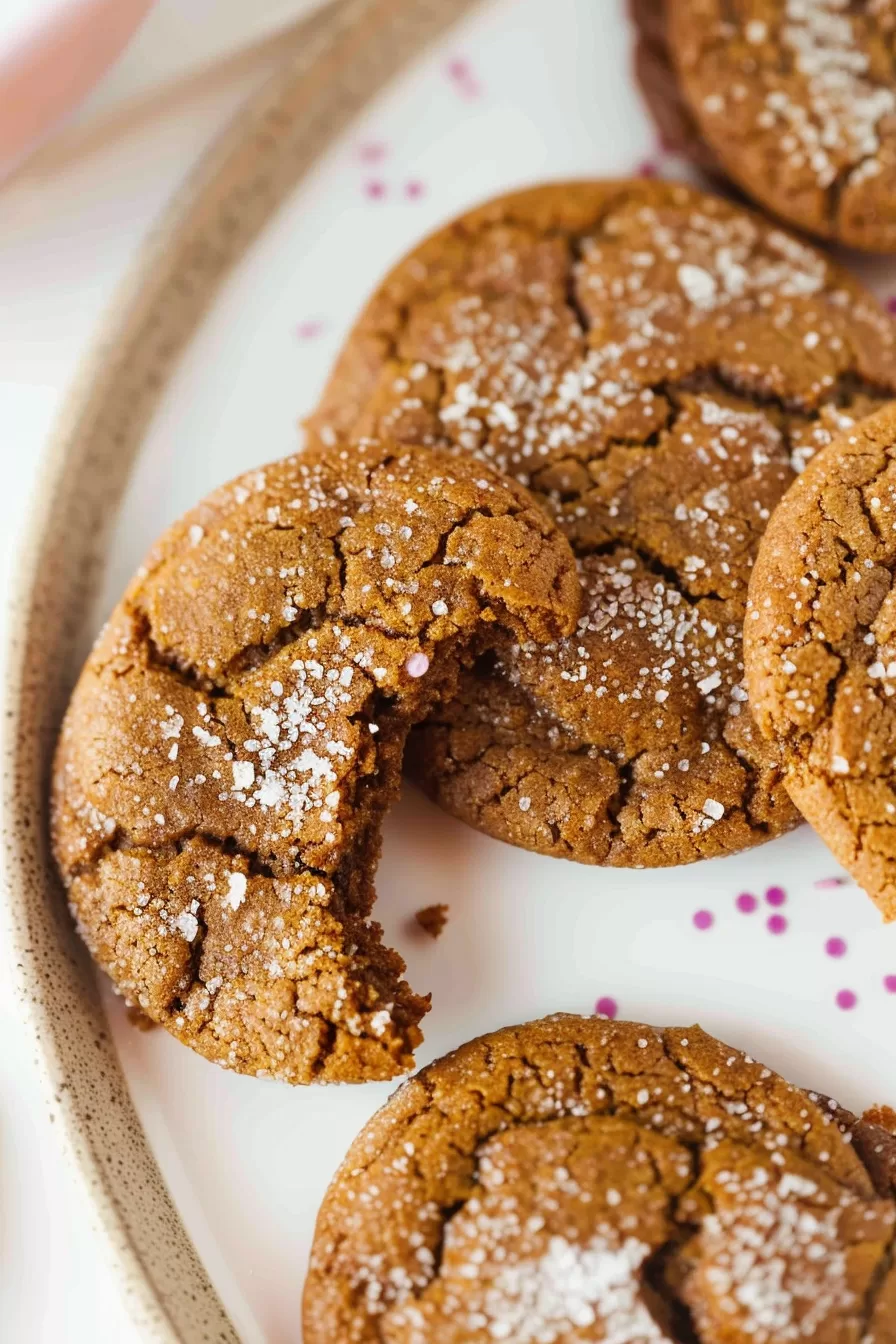 A single molasses cookie with a bite taken out, showcasing the chewy interior against a backdrop of more cookies.