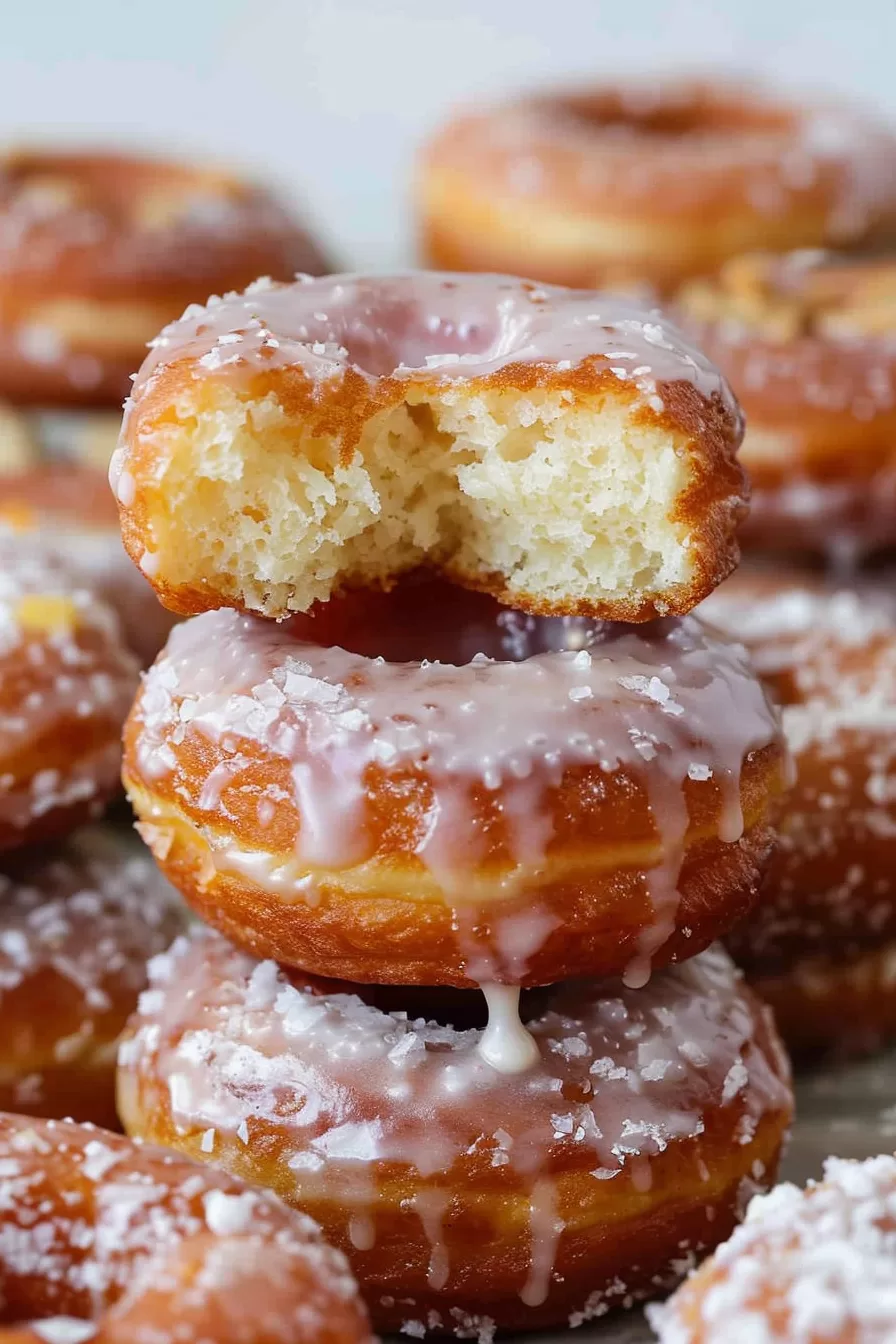 Close-up of a stack of freshly glazed donuts with a bite taken out of the top donut, showing its soft, fluffy texture.