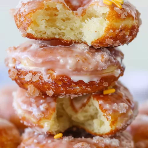 A row of golden-brown donuts on a wire rack, glistening with a shiny glaze and light sugar crystals.