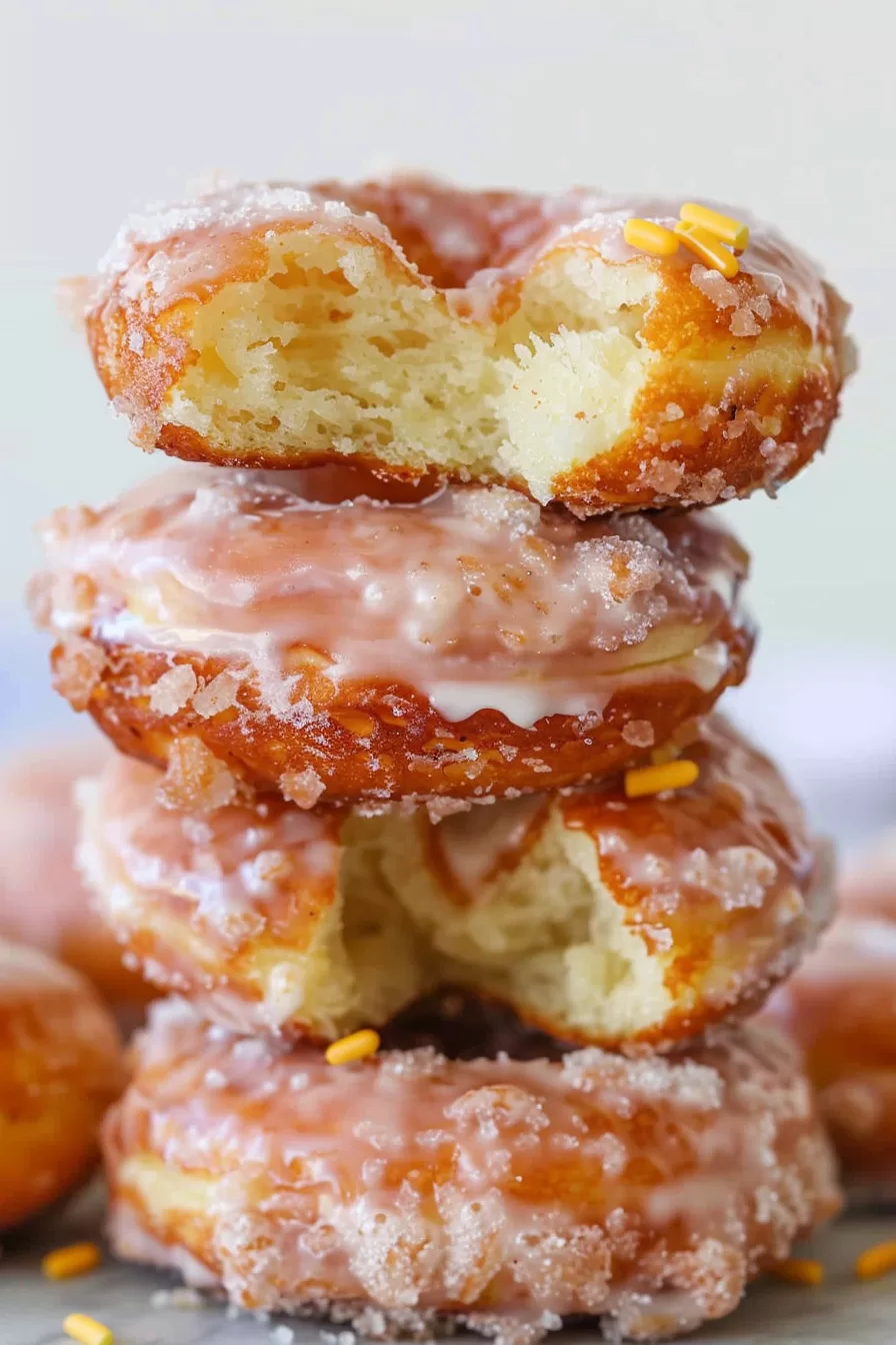 A row of golden-brown donuts on a wire rack, glistening with a shiny glaze and light sugar crystals.