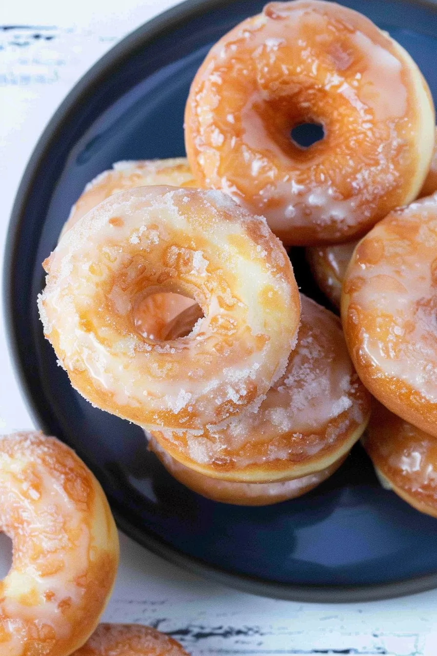 A black plate piled with sour cream donuts, each donut coated with a smooth glaze, ready to be enjoyed.