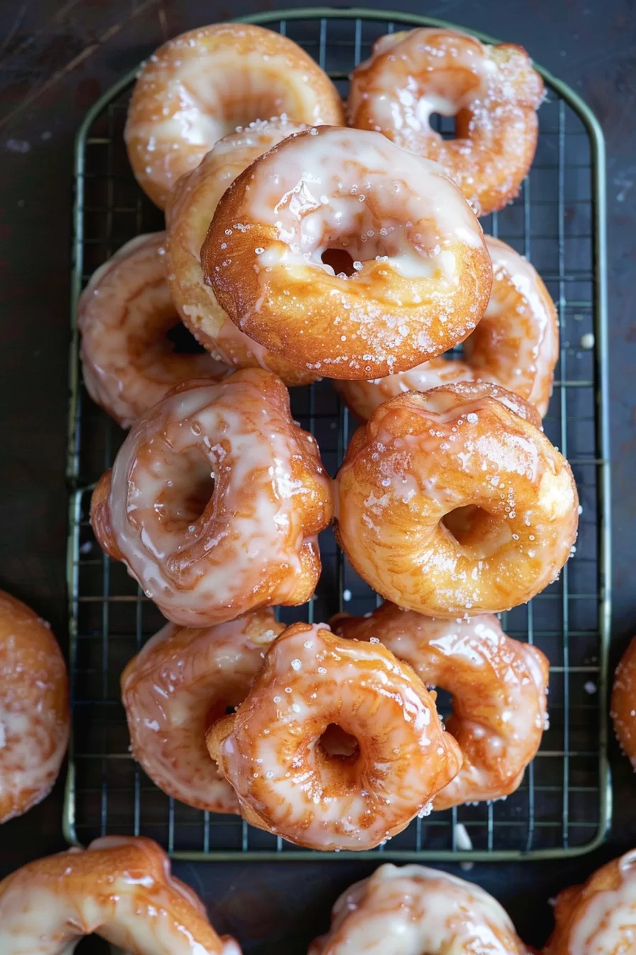 Overhead view of a tray filled with warm, freshly made donuts, glistening under the light from their sweet glaze.