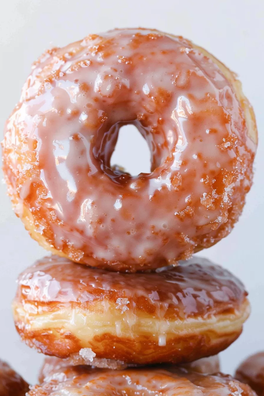 A single glazed donut up close, showcasing its golden crust and delicate glaze dripping down the sides.