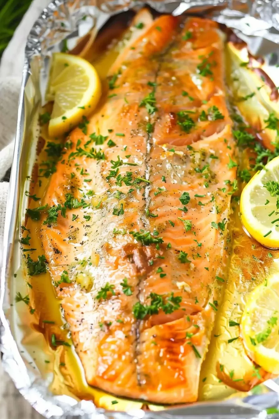 Close-up of a golden-brown trout fillet with a glaze, topped with fresh herbs.