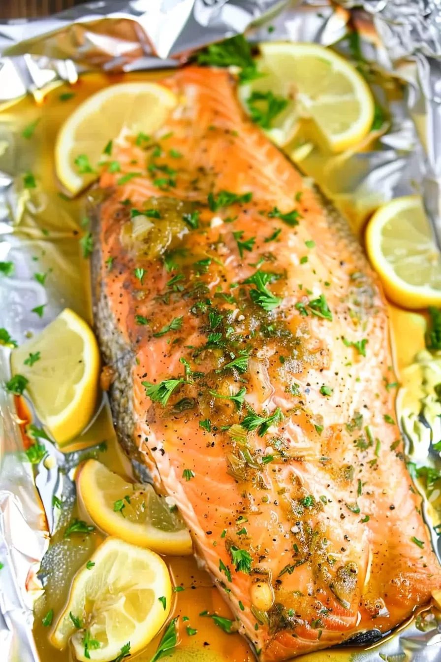 Baked trout fillet garnished with parsley and lemon slices, served in a foil wrap.