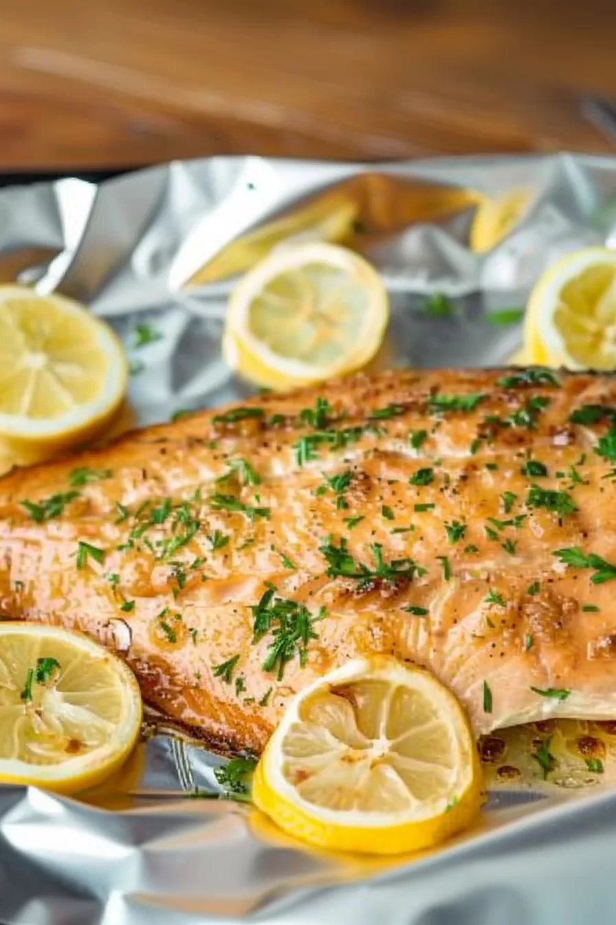 Juicy trout fillet fresh out of the oven, accompanied by zesty lemon slices.