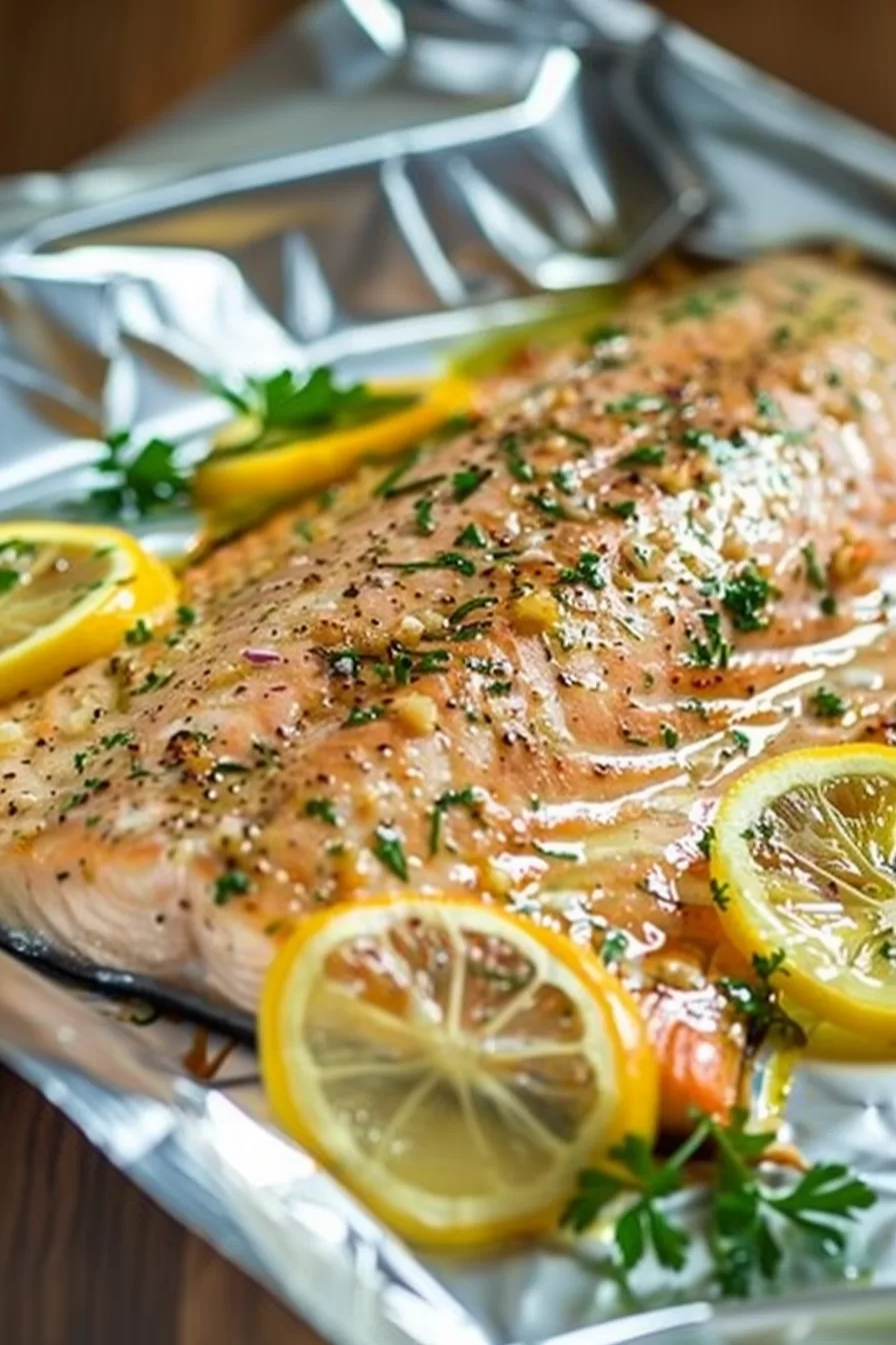 Foil-wrapped trout fillet featuring a crispy texture and vibrant herbs.