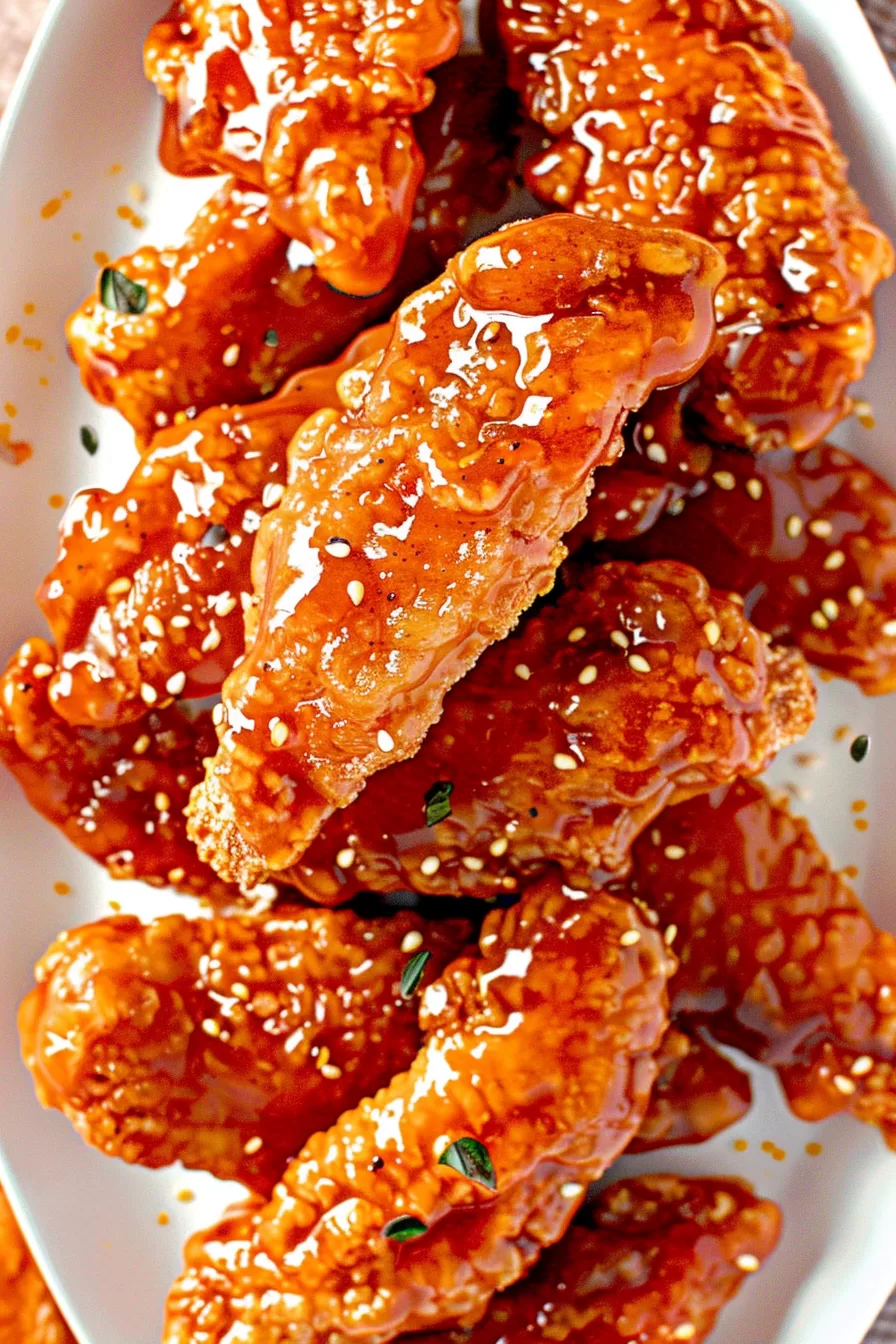 Close-up of crispy chicken tenders coated in a glossy sweet and spicy sauce, sprinkled with sesame seeds.