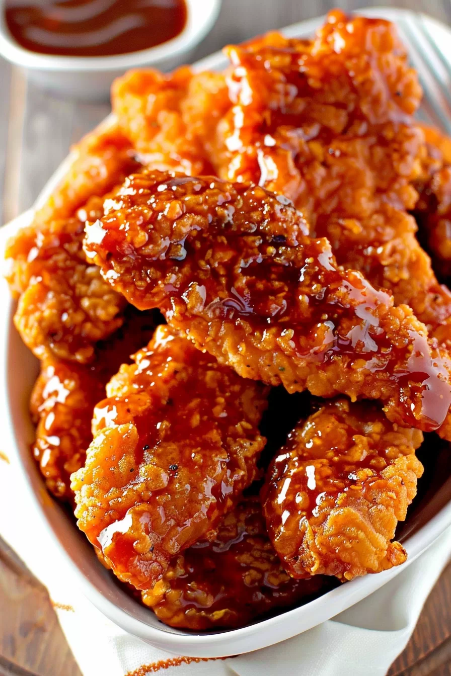 Perfectly cooked chicken tenders drenched in a caramelized sweet and spicy glaze, ready for serving.