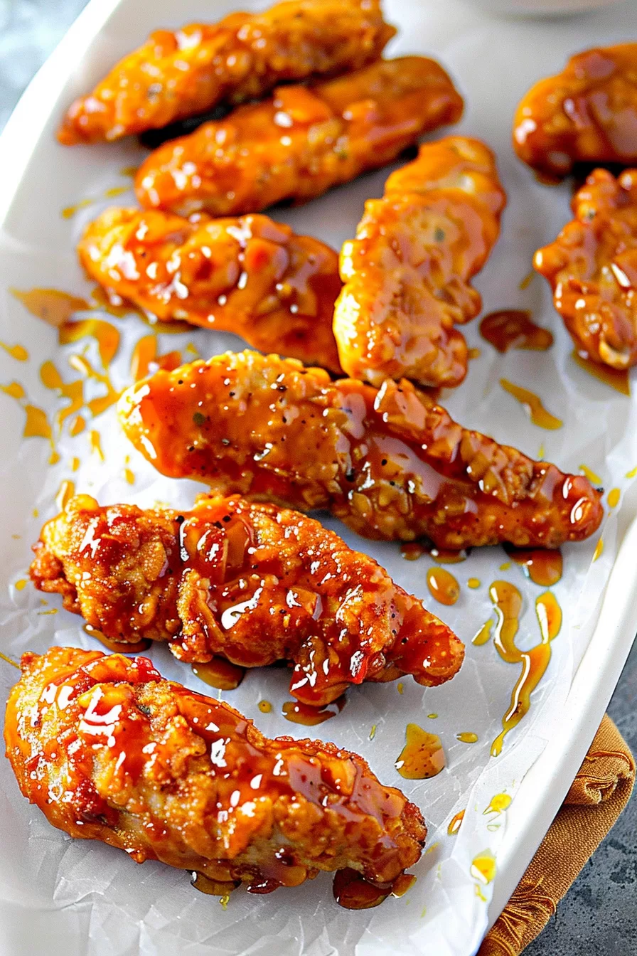 Freshly cooked sweet and spicy chicken tenders arranged on a serving platter with sauce pooling underneath.