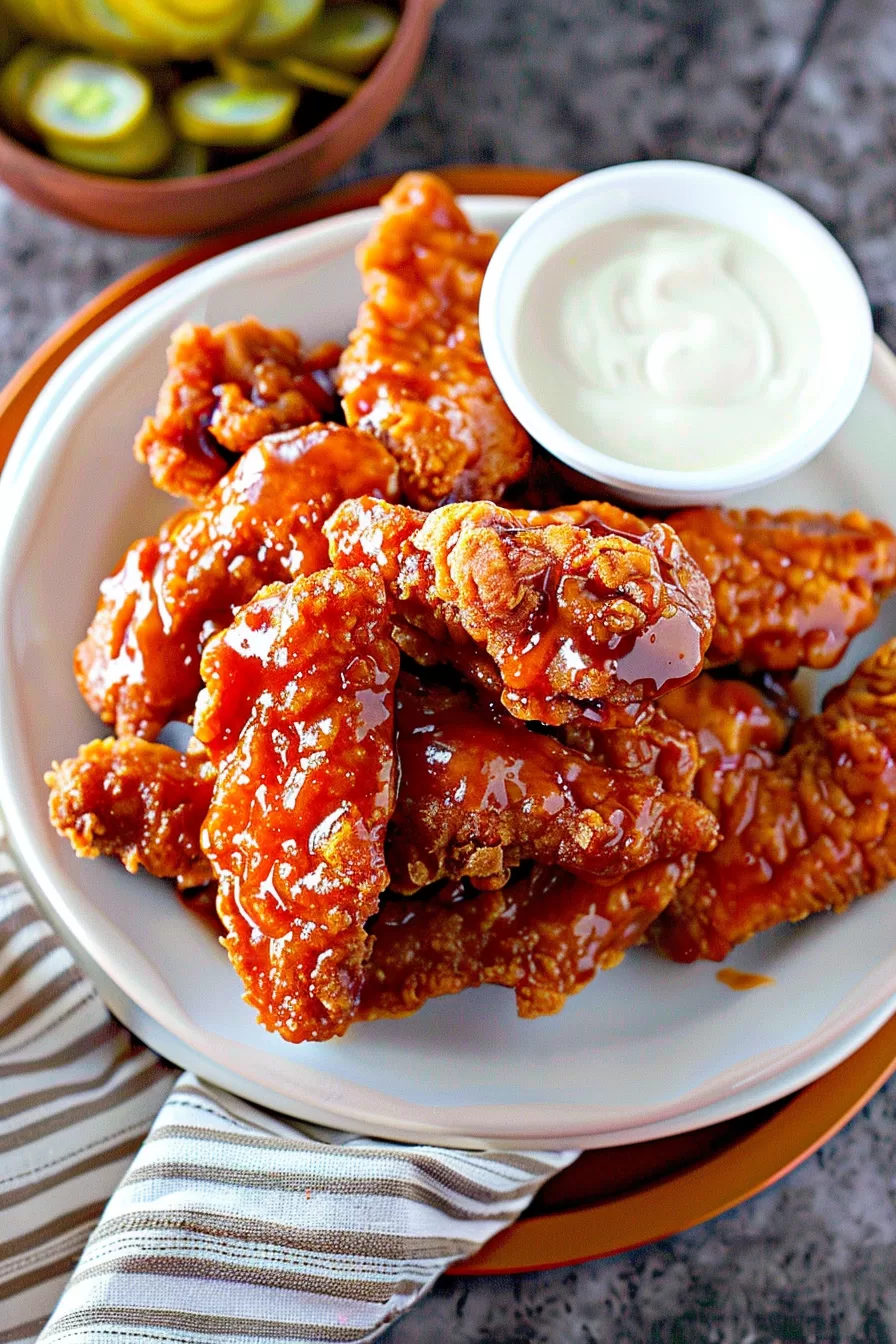 A plate piled with golden fried chicken pieces glazed in a sticky, rich sauce with a side of dipping sauce.