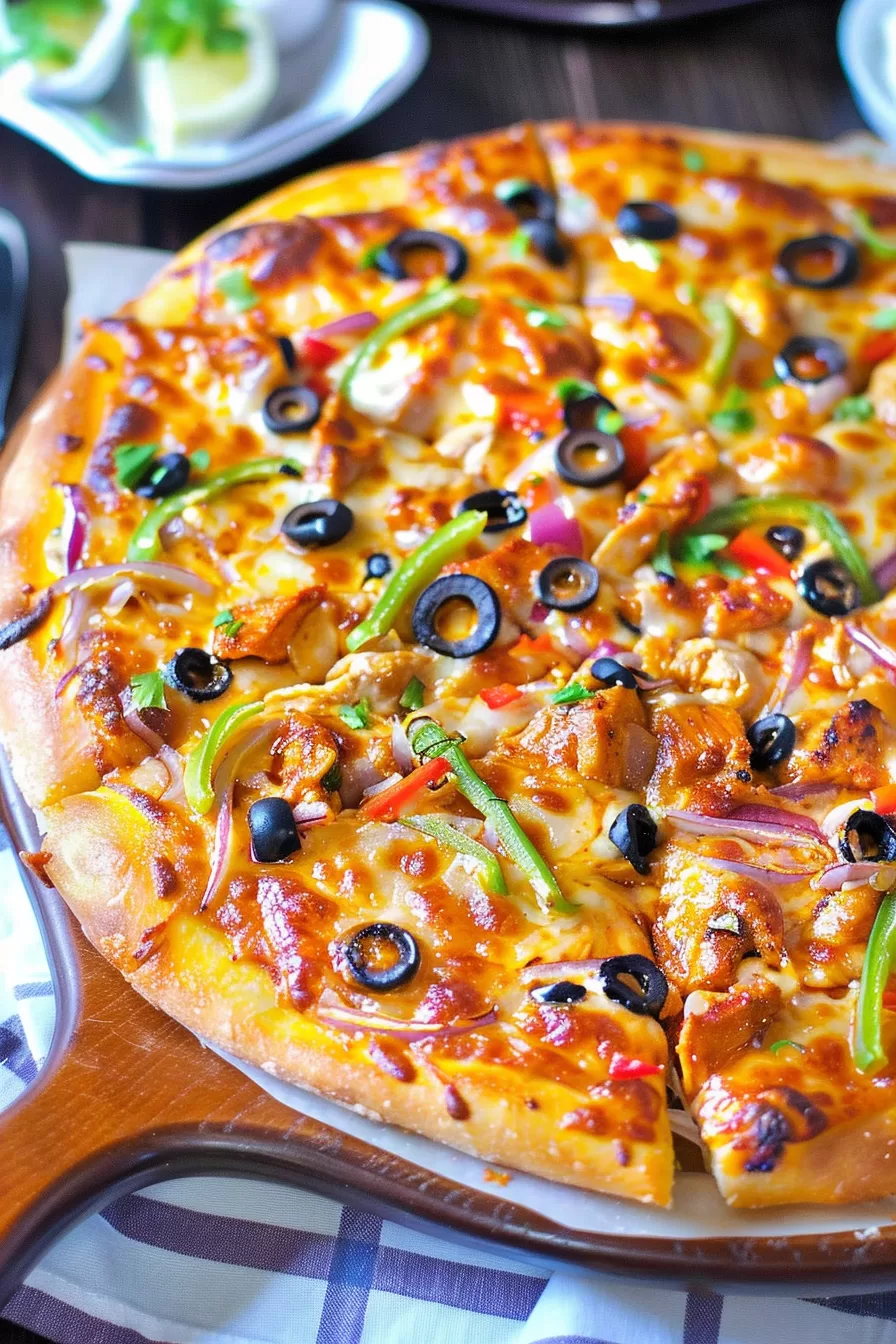 Close-up shot of a freshly baked pizza with golden crust, topped with tandoori-spiced chicken, black olives, red onions, and green bell peppers.