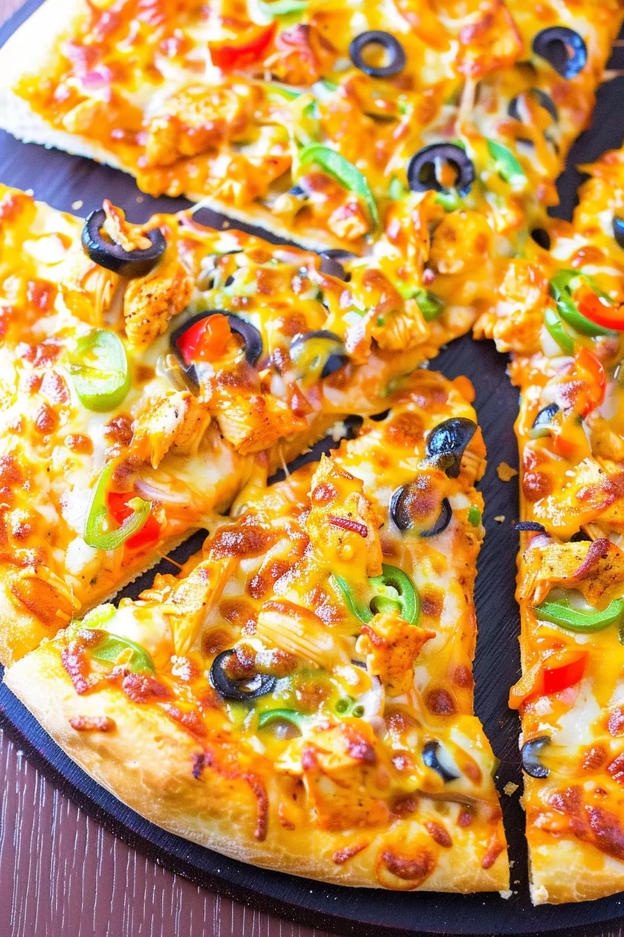 Sliced Tandoori Chicken Pizza with melted cheese and vibrant toppings including jalapeno slices, black olives, and grilled chicken pieces.