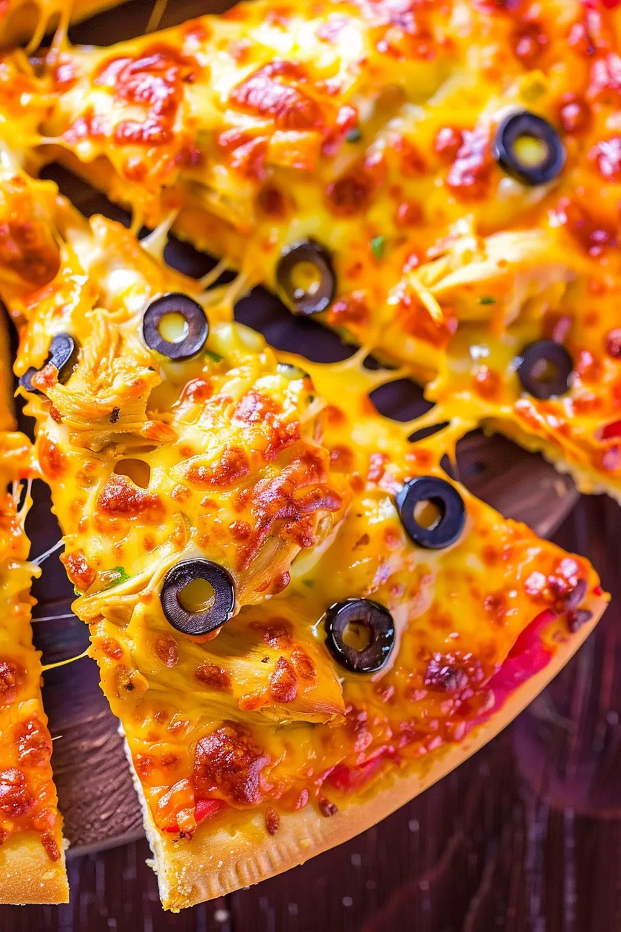 A single slice of cheesy pizza loaded with tandoori chicken, colorful vegetables, and a slightly charred crust, pulled from the whole pizza.