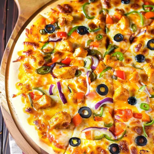 Overhead view of a homemade pizza cut into wedges, featuring spicy tandoori chicken, melted cheese, and assorted veggies on a wooden board.