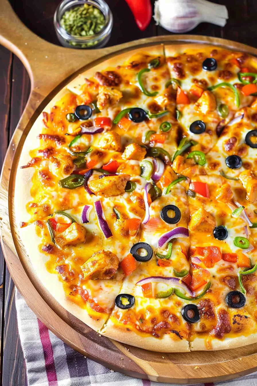 Overhead view of a homemade pizza cut into wedges, featuring spicy tandoori chicken, melted cheese, and assorted veggies on a wooden board.