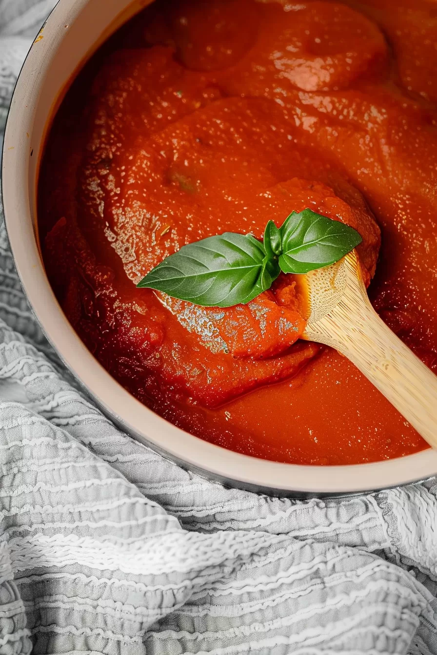 Freshly cooked tomato sugo with a wooden spoon resting on the side of the pot.