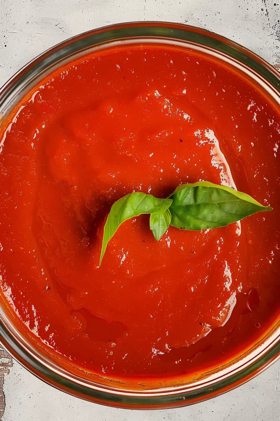 Close-up of vibrant tomato sugo in a pot, garnished with fresh basil leaves.