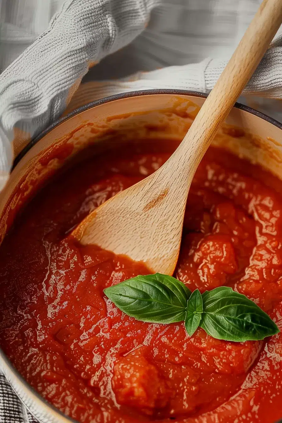 Thick and flavorful tomato sugo spread in a pot, with visible basil leaves for garnish.