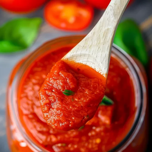 A spoonful of tomato sugo showing its smooth texture and deep red hue.