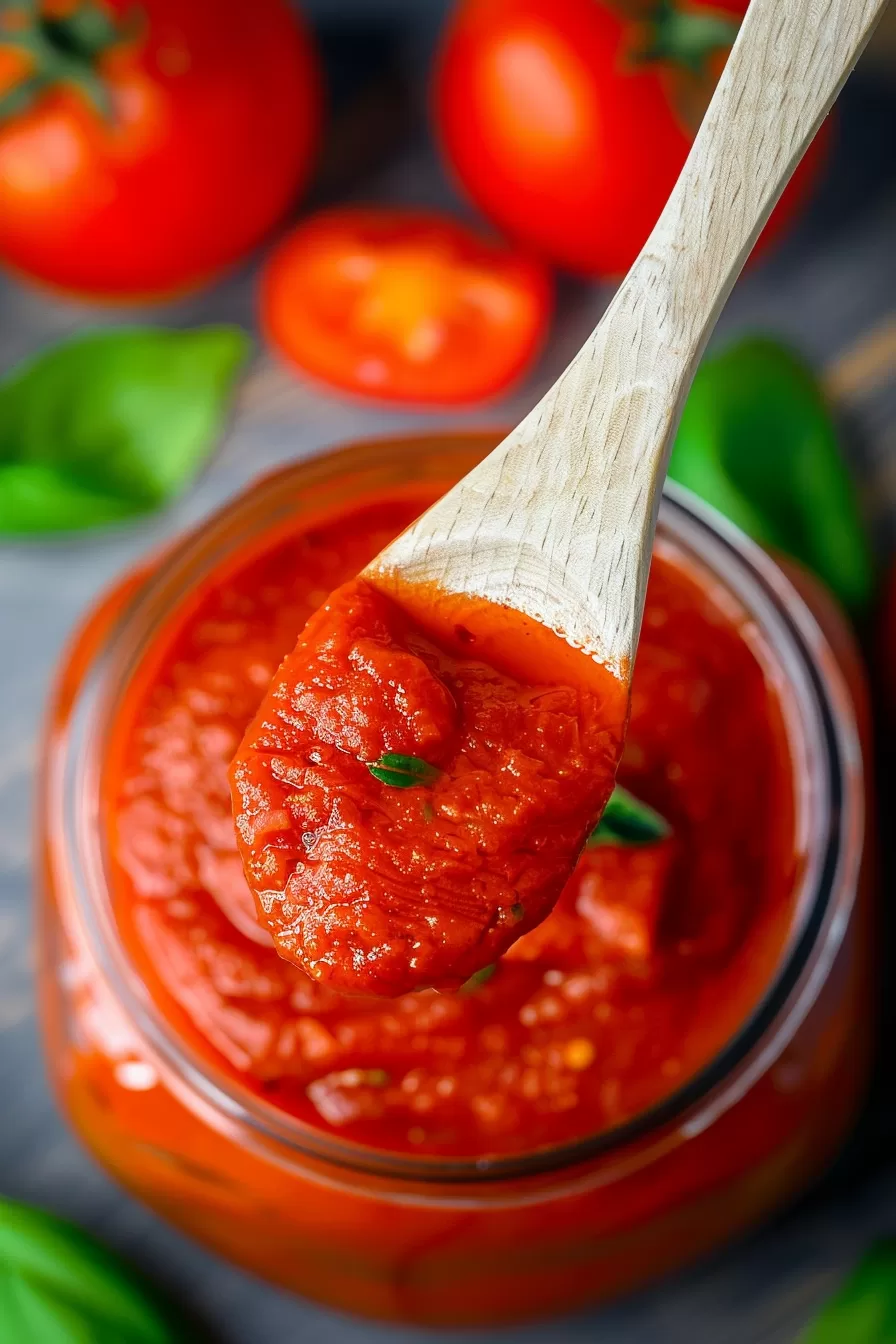 A spoonful of tomato sugo showing its smooth texture and deep red hue.