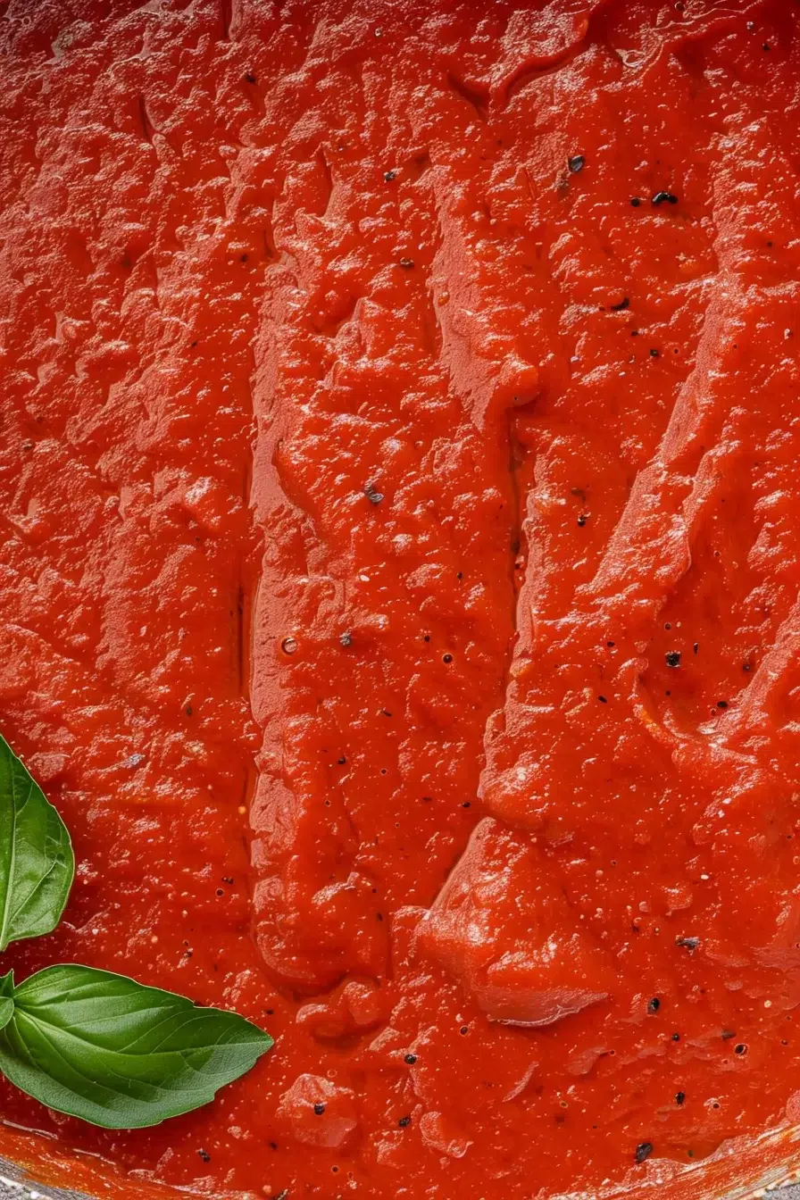 Rich and velvety tomato sugo in a bowl, topped with fresh basil for a pop of color.