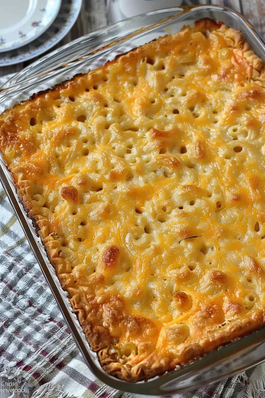 Golden-baked Trinidad macaroni pie with melted cheese bubbling on the surface.