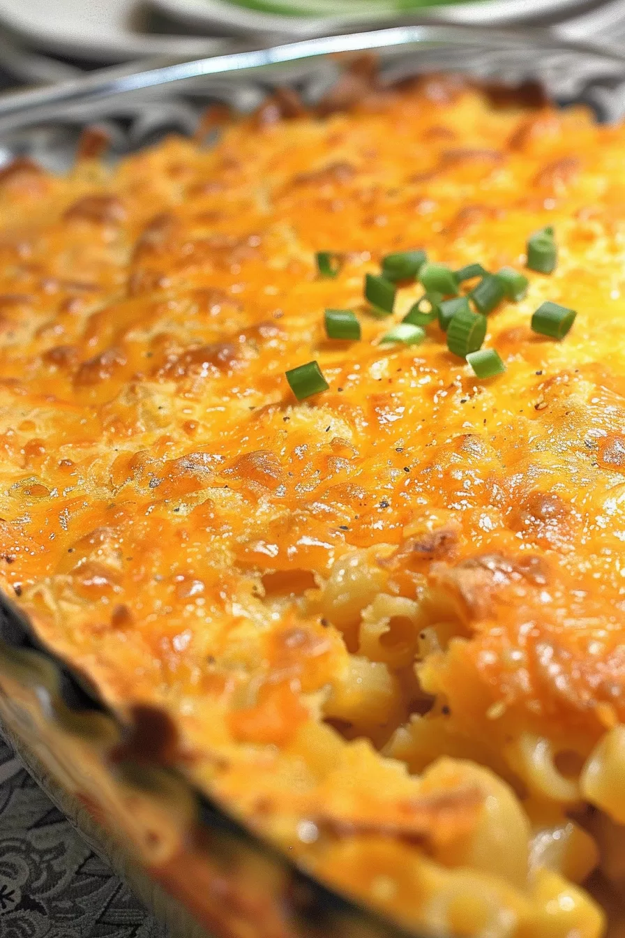 A full baking dish of Trinidad macaroni pie, topped with melted cheese and a perfectly crispy finish.