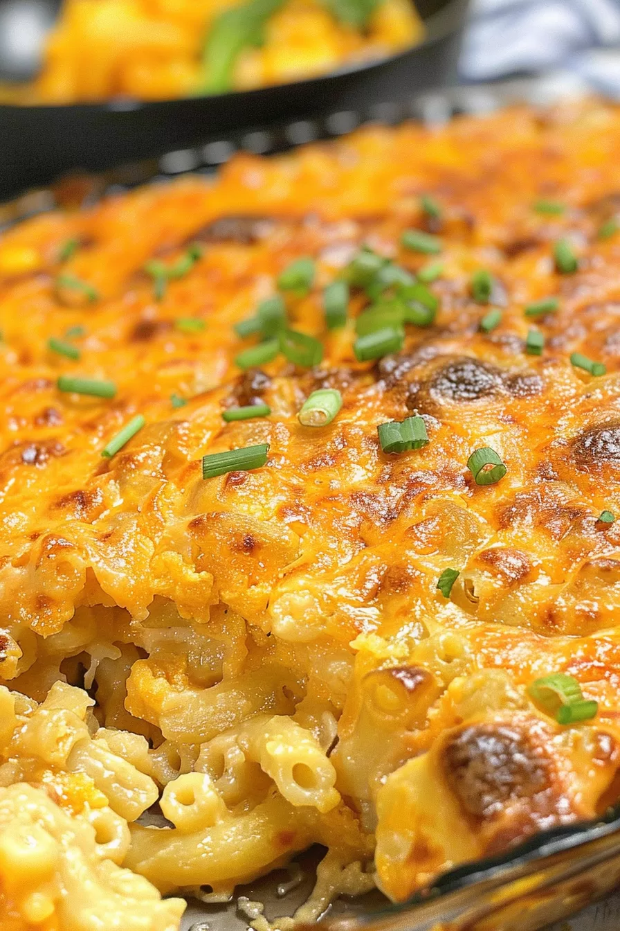 A family-style serving of macaroni pie on a table, surrounded by side dishes and garnished with fresh herbs.