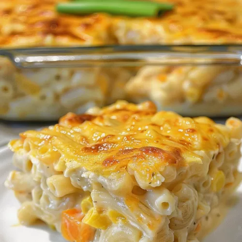 A slice of creamy Trinidad macaroni pie served on a white plate, showcasing the layers of pasta and cheese.