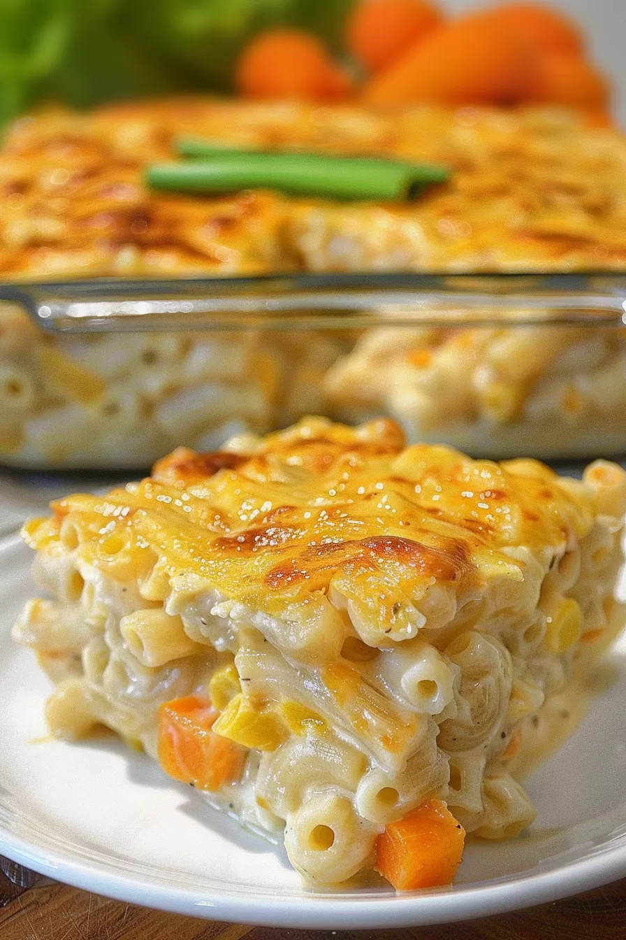 A slice of creamy Trinidad macaroni pie served on a white plate, showcasing the layers of pasta and cheese.