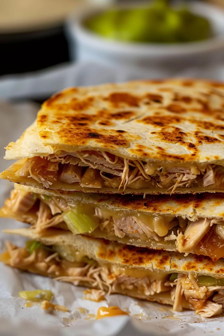 Close-up of a golden-brown grilled wrap stuffed with melted cheese, tuna, and fresh veggies, served with a side of guacamole.