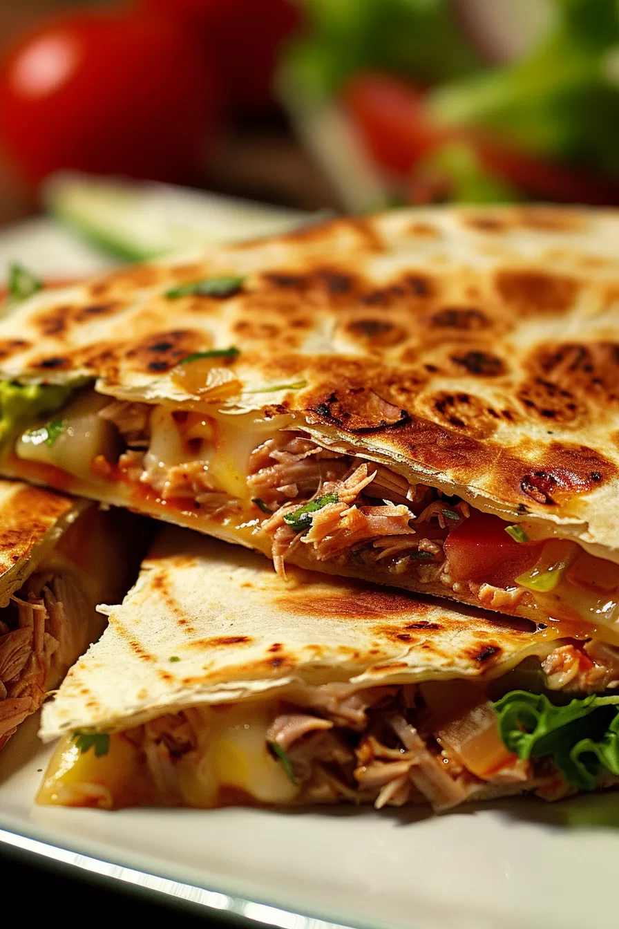 Warm and toasted wrap filled with creamy tuna and melted cheese, served with a background of fresh salad.