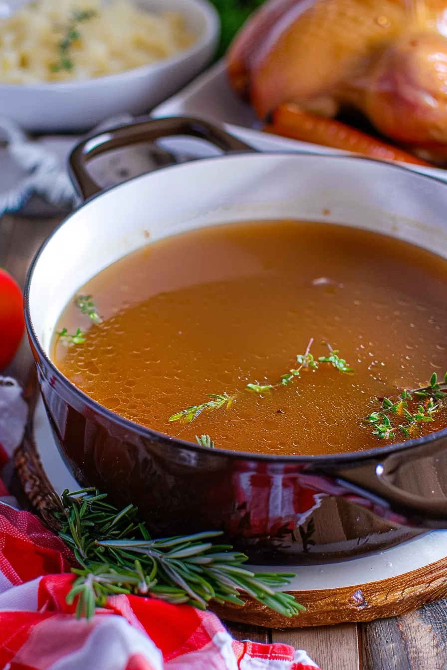 A festive kitchen scene featuring a pot of turkey bone broth surrounded by mashed potatoes, roasted turkey, and herbs.