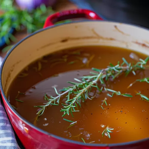 Close-up shot of freshly strained turkey bone broth with herbs floating on the surface, ideal for soups and stews.