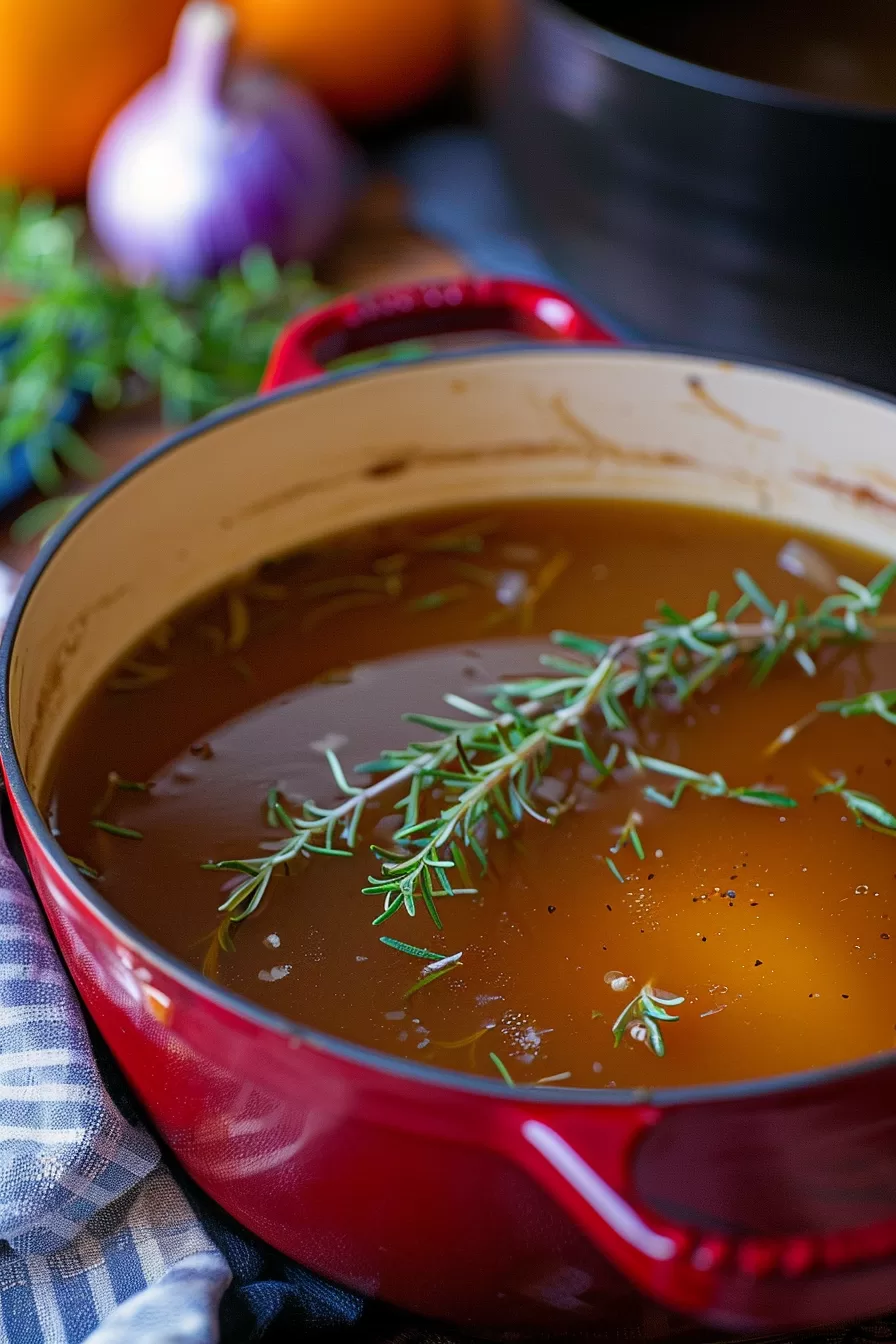 Close-up shot of freshly strained turkey bone broth with herbs floating on the surface, ideal for soups and stews.