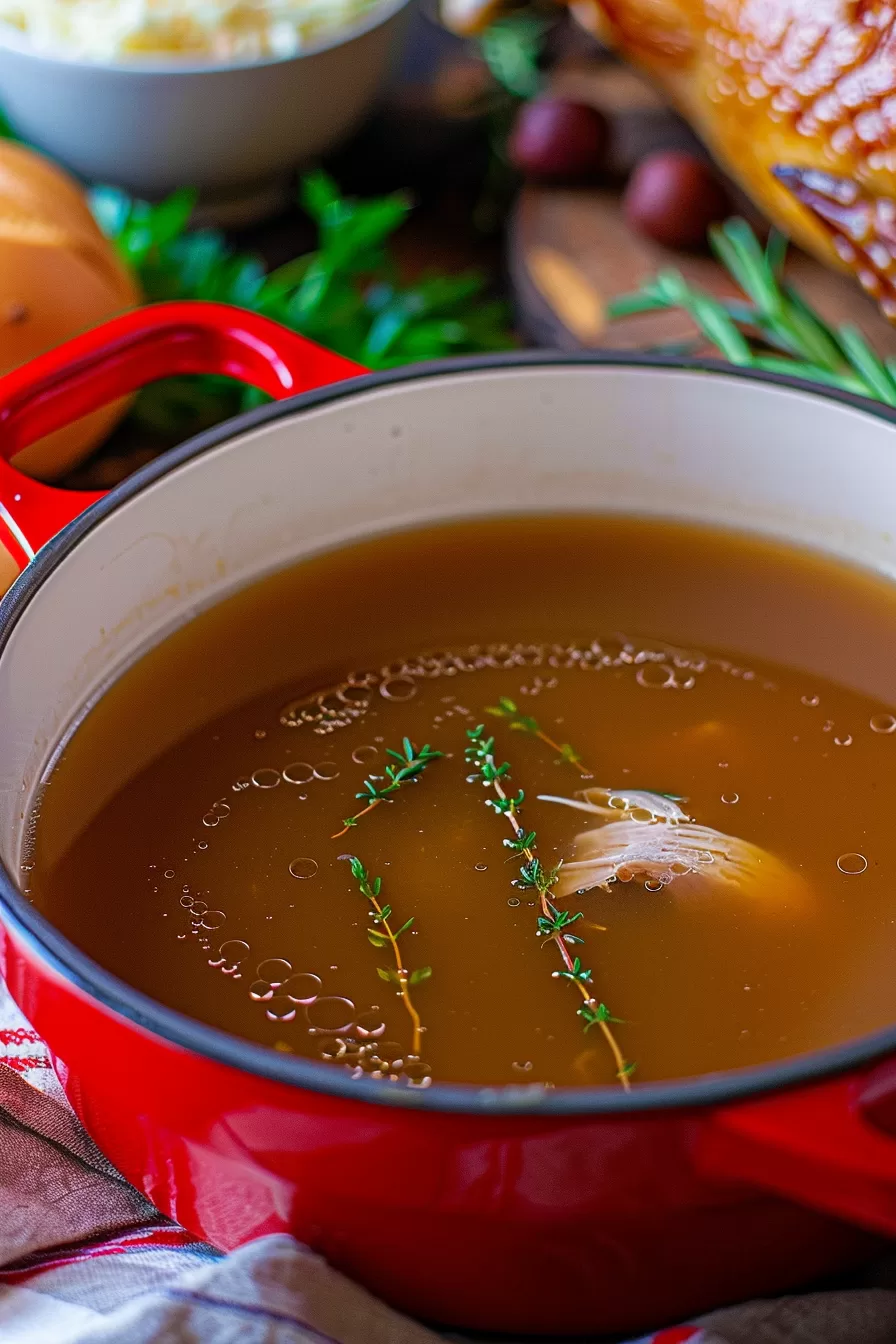 A steaming pot of golden turkey bone broth garnished with fresh thyme sprigs, ready for serving.