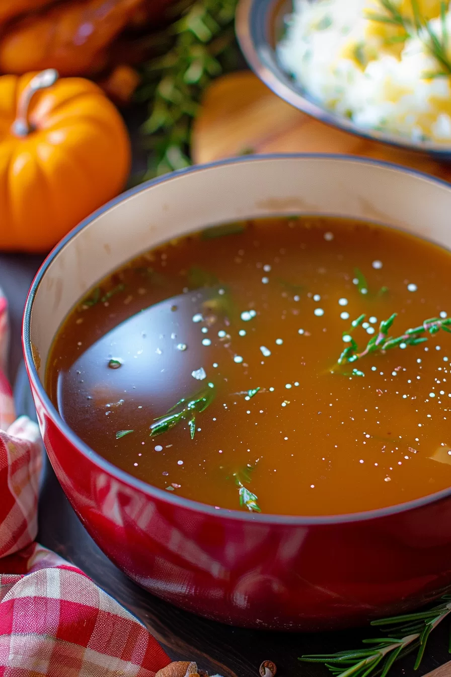 Rich, homemade turkey bone broth simmering in a red Dutch oven, infused with rosemary and garlic.