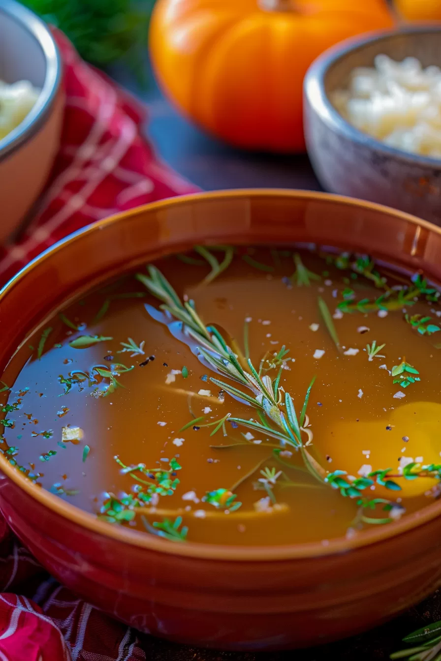 Warm turkey bone broth served in a rustic bowl, showcasing fresh herbs and a golden, clear broth.