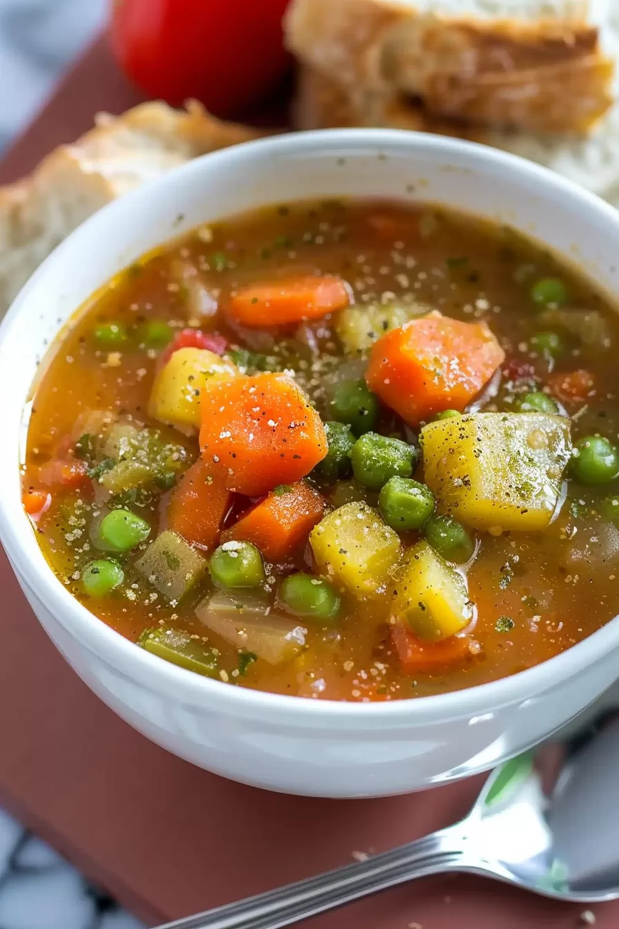 A close-up of a bowl filled with vibrant vegetable soup, featuring chunks of carrots, potatoes, peas, and corn in a rich broth, served with a slice of bread on the side.