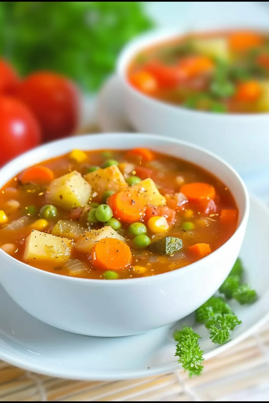 A steaming bowl of homemade vegetable soup, highlighting colorful ingredients like carrots, green peas, and diced potatoes, garnished with cracked black pepper.