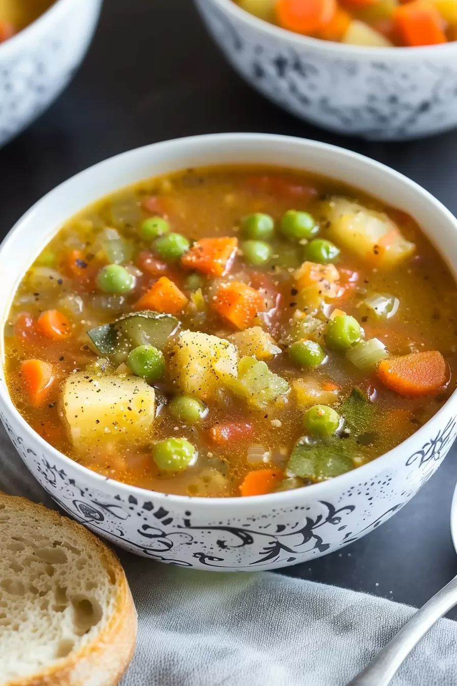 A bowl of vegetable soup filled with tender vegetables including carrots, peas, and corn, with a sprinkle of black pepper for garnish.