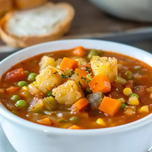 A comforting bowl of vegetable soup served with a bread roll, showcasing hearty vegetables such as potatoes, carrots, and corn in a golden broth.