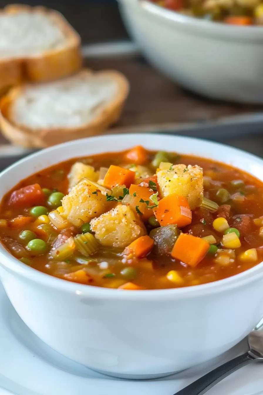 A comforting bowl of vegetable soup served with a bread roll, showcasing hearty vegetables such as potatoes, carrots, and corn in a golden broth.