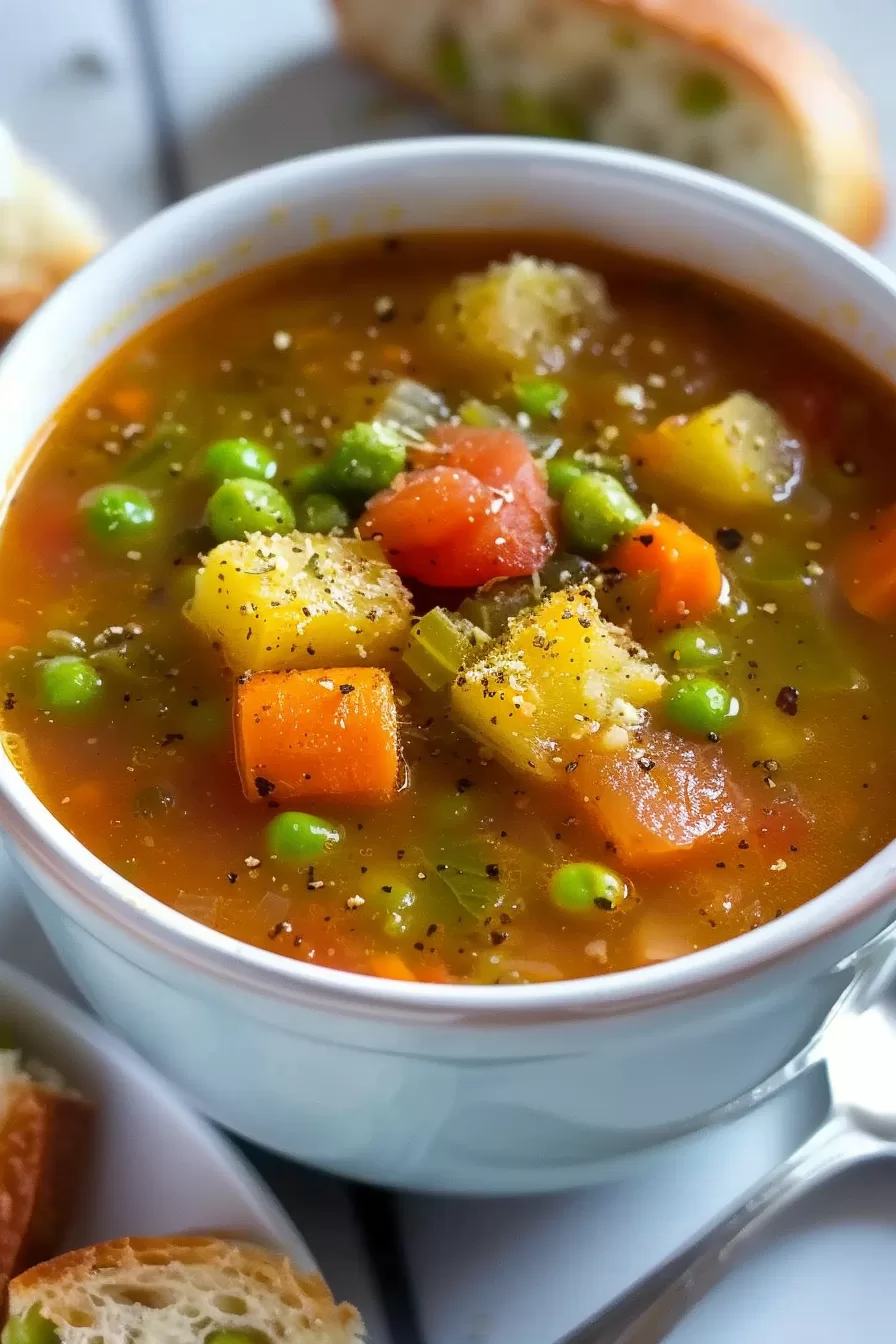 A cozy serving of vegetable soup with chunks of potato, carrot, and peas floating in a tomato-based broth, perfect for a chilly evening.